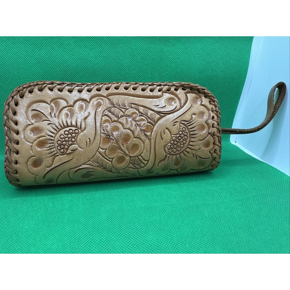 Rare Clifton's Hand Tooled Classic Western Leather Clutch Case With Wrist Strap